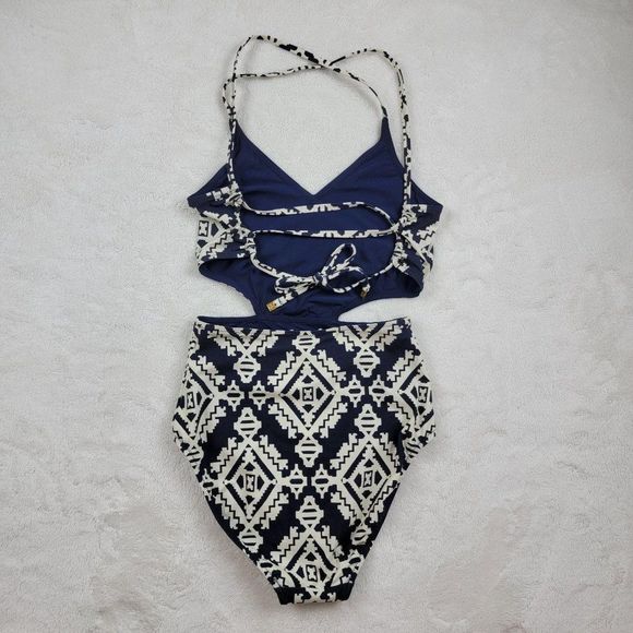 Tory Burch Blue White Tapestry Geometric Cut Out One Piece Swimsuit Size XS - Picture 6 of 14